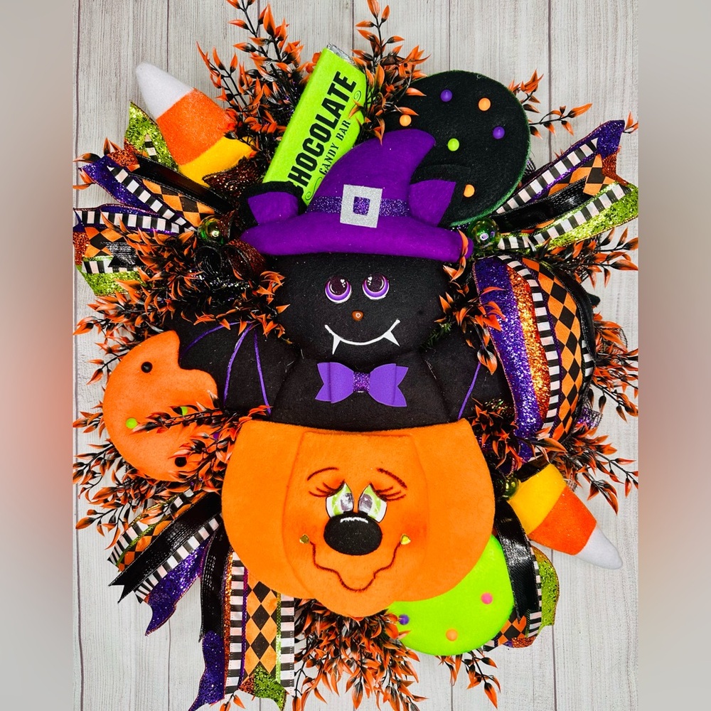 Vampire Kitty in Pumpkin Wreath